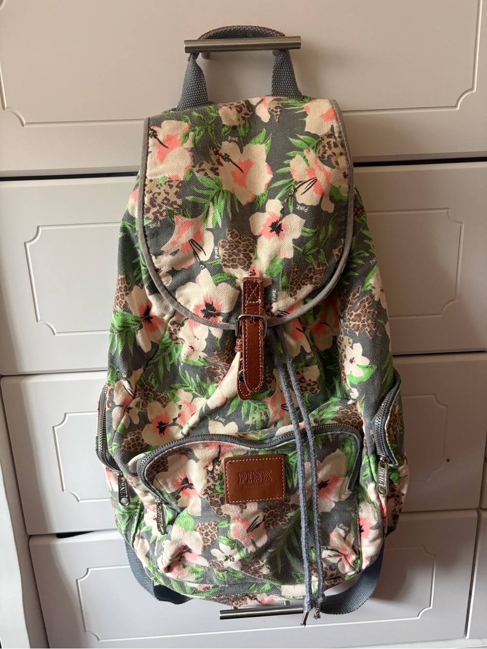 PINK Victoria’s Secret Canvas Floral Cheetah Print Drawstring Buckle Backpack